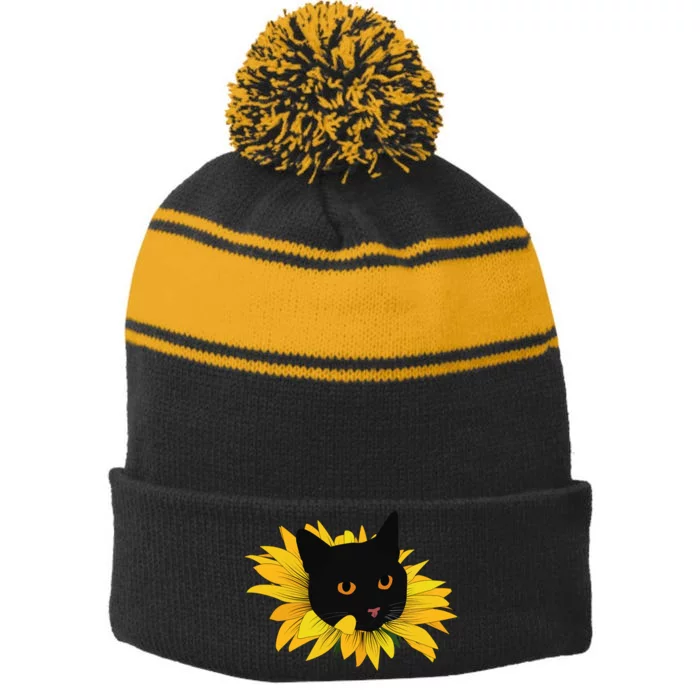 Black Sunflower Cat Cute Stripe Pom Pom Beanie