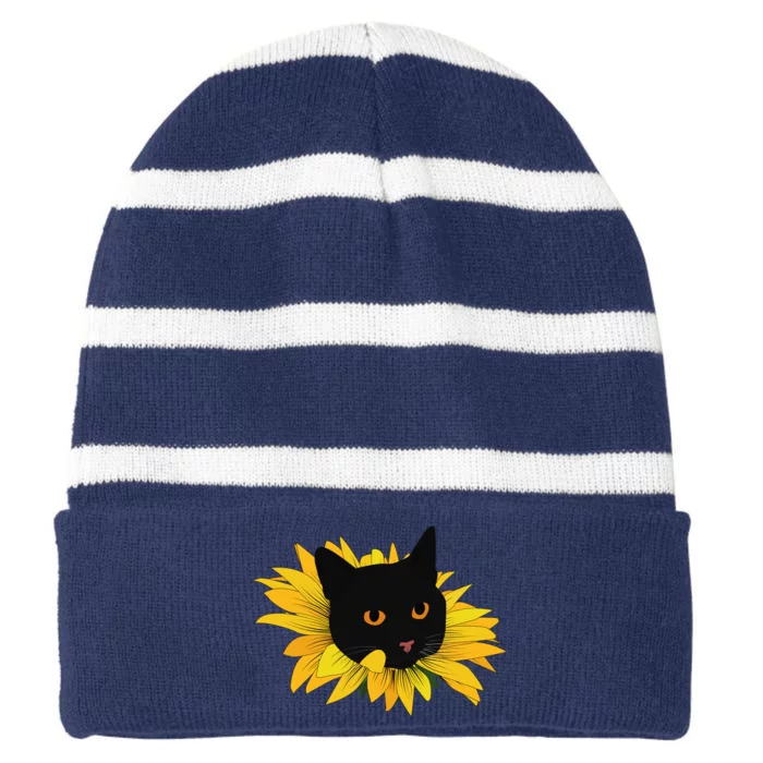 Black Sunflower Cat Cute Striped Beanie with Solid Band