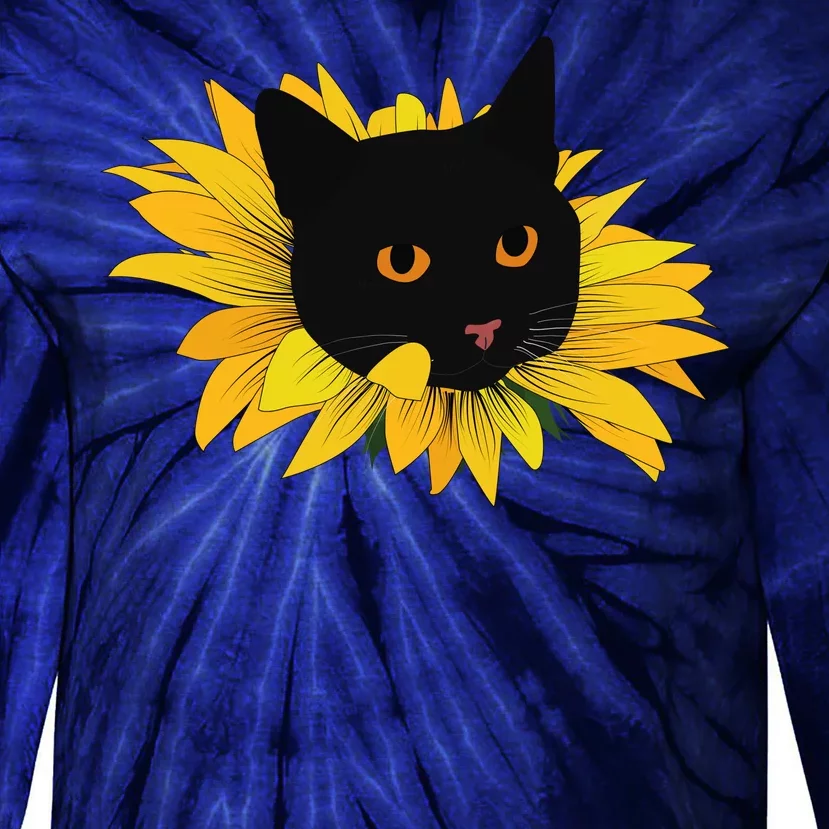 Black Sunflower Cat Cute Tie-Dye Long Sleeve Shirt