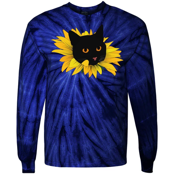 Black Sunflower Cat Cute Tie-Dye Long Sleeve Shirt