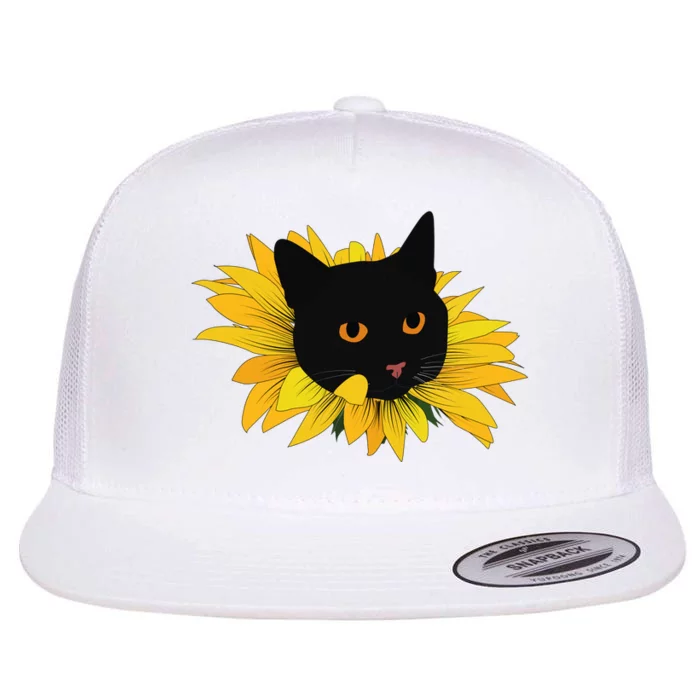 Black Sunflower Cat Cute Flat Bill Trucker Hat