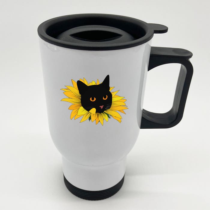 Black Sunflower Cat Cute Front & Back Stainless Steel Travel Mug