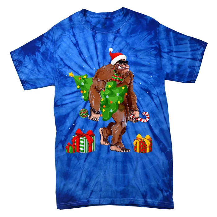 Bigfoot Santa Christmas Tree Lights Funny Xmas Sasquatch Tie-Dye T-Shirt