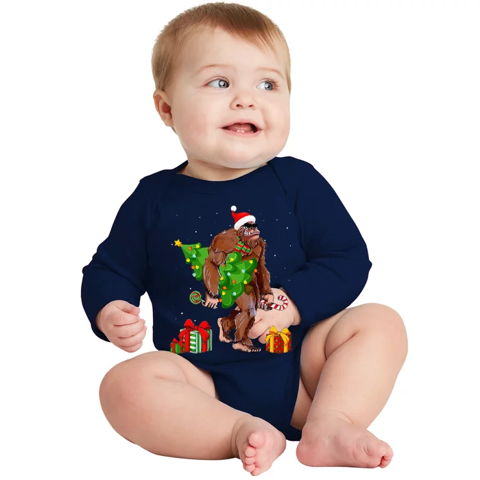 Bigfoot Santa Christmas Tree Lights Funny Xmas Sasquatch Baby Long Sleeve Bodysuit