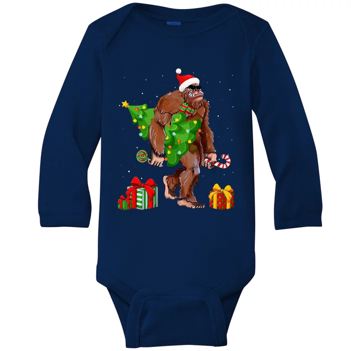 Bigfoot Santa Christmas Tree Lights Funny Xmas Sasquatch Baby Long Sleeve Bodysuit