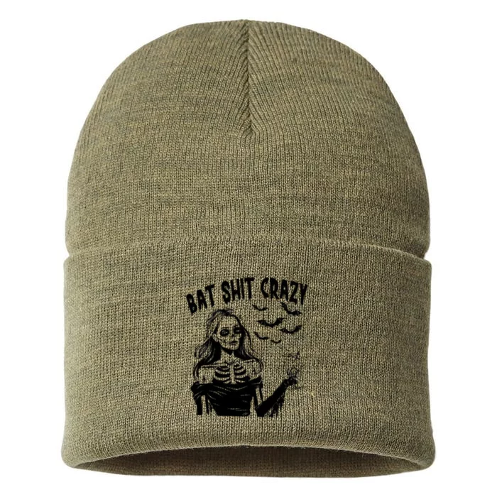 Bat Shit Crazy Halloween Spooky Season Witch Messy Bun Skull Png Snarky Funny Sustainable Knit Beanie