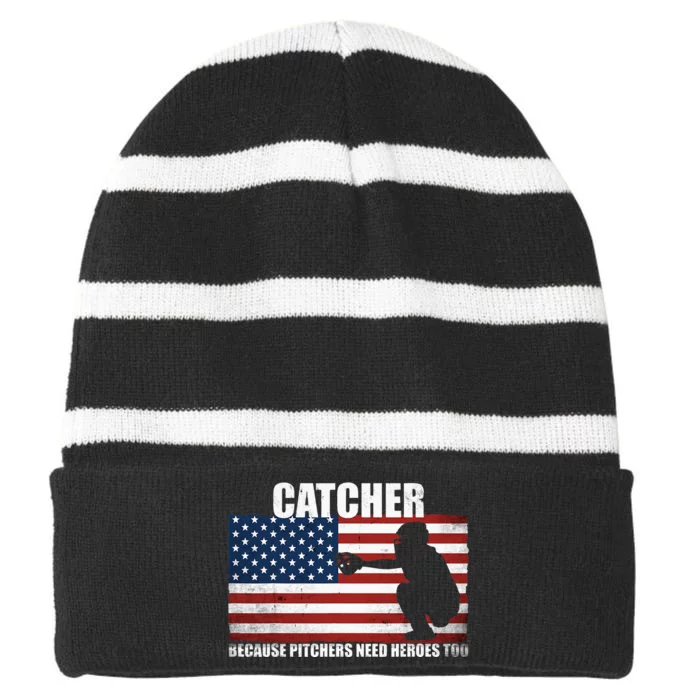 Baseball Softball Catcher Because Pitchers Need Heros Too Striped Beanie with Solid Band