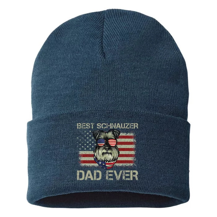 Best Schnauzer Dad Ever Dog Lover Fathers Day USA Flag Sustainable Knit Beanie