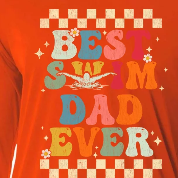 Best Swim Dad Ever Retro Groovy Gift Swimming Dad Gift Cooling Performance Long Sleeve Crew