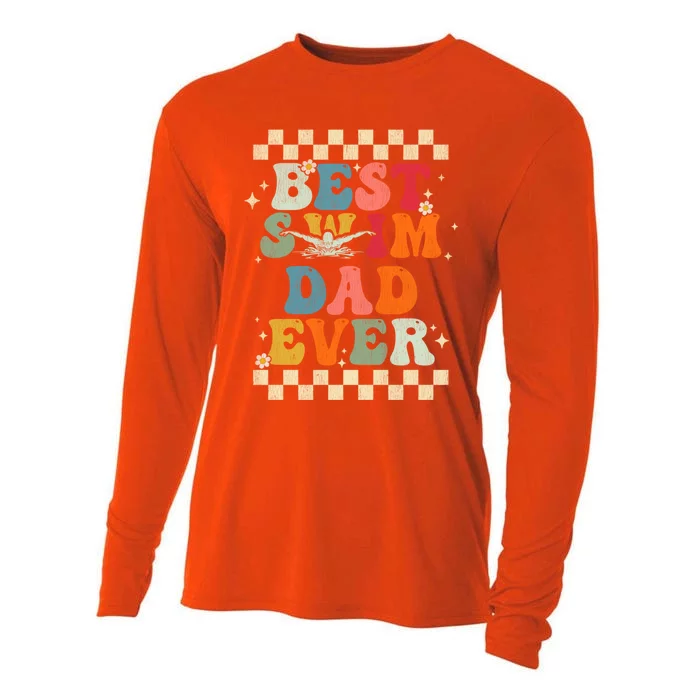 Best Swim Dad Ever Retro Groovy Gift Swimming Dad Gift Cooling Performance Long Sleeve Crew