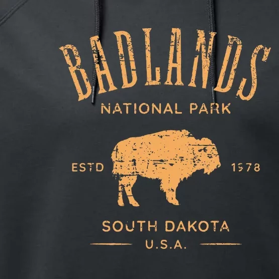 Badlands South Dakota Bison Distressed Design Performance Fleece Hoodie