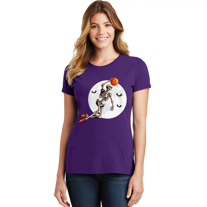 Basketball Skeleton Dunk Basketball Player Halloween Moon Women's T-Shirt