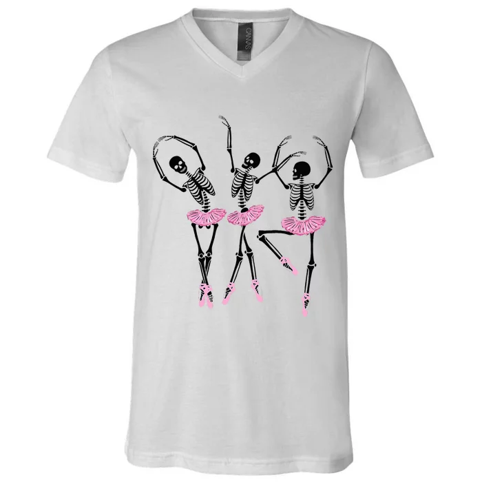 Ballerina Skeletons Dancing Halloween Ballerina Skeleton V-Neck T-Shirt