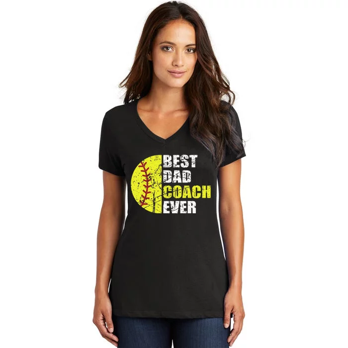 Best Softball Dad Coach Ever Retro Father Softball Coach Dad Women's V-Neck T-Shirt