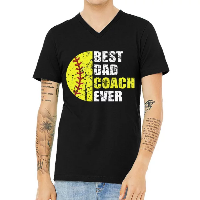 Best Softball Dad Coach Ever Retro Father Softball Coach Dad V-Neck T-Shirt