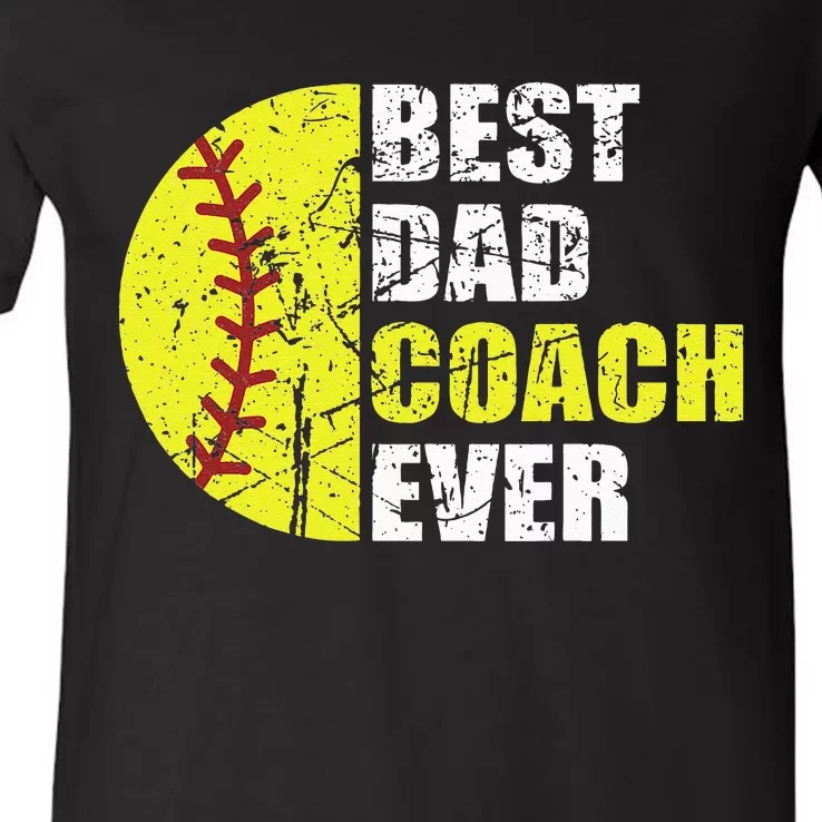 Best Softball Dad Coach Ever Retro Father Softball Coach Dad V-Neck T-Shirt