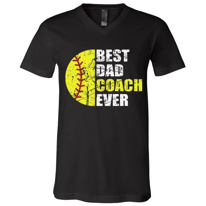 Best Softball Dad Coach Ever Retro Father Softball Coach Dad V-Neck T-Shirt