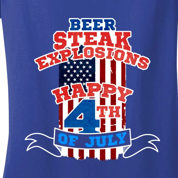 Beer Steak Explosions Happy 4th Of July Patriotic Day Gift Women's V-Neck T-Shirt