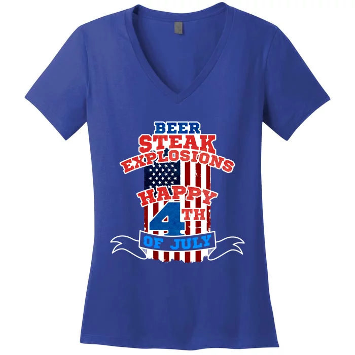 Beer Steak Explosions Happy 4th Of July Patriotic Day Gift Women's V-Neck T-Shirt