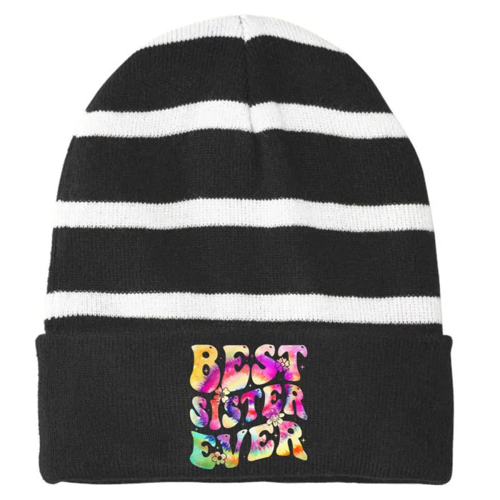 Best Sister Ever Mother's Day Tie Dye Groovy Striped Beanie with Solid Band