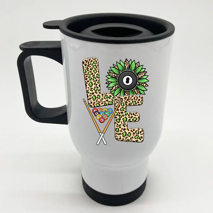 Billiards Shirts Funny, Love Billiards Snooker Pool Leopard Sunflower Sports Front & Back Stainless Steel Travel Mug