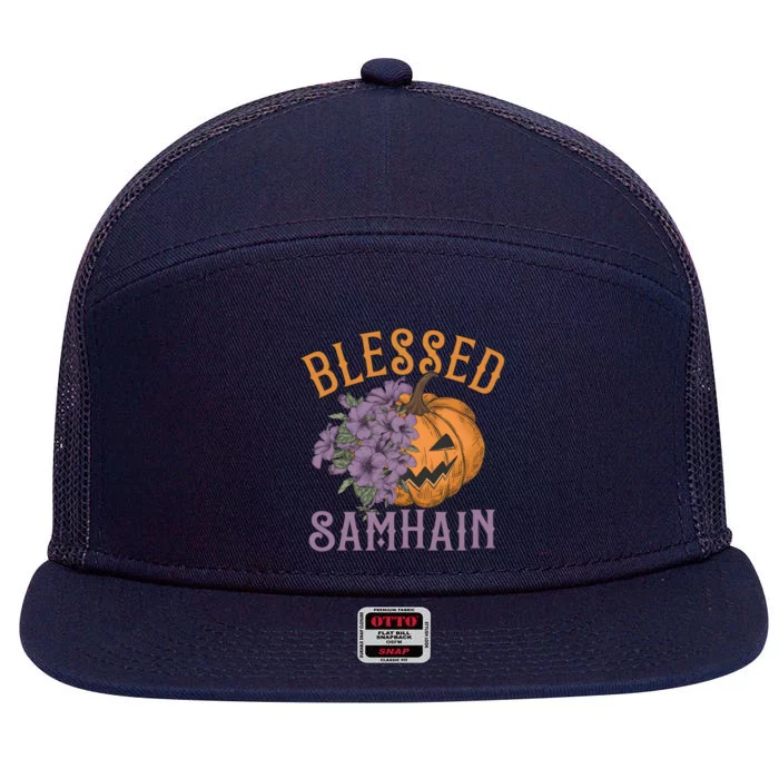 Blessed Samhain Flower Floral Halloween Pumpkin Head 7 Panel Mesh Trucker Snapback Hat