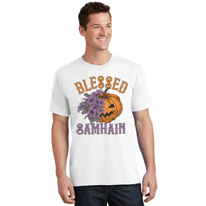 Blessed Samhain Flower Floral Halloween Pumpkin Head T-Shirt