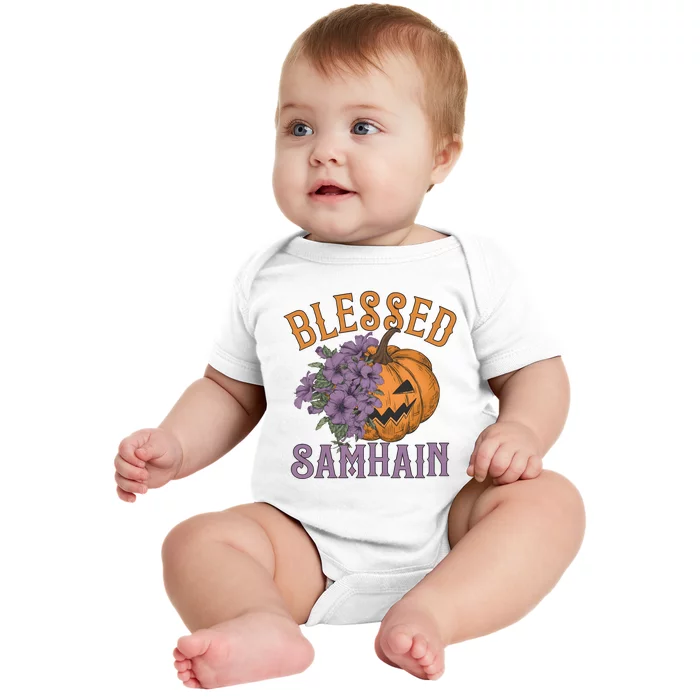 Blessed Samhain Flower Floral Halloween Pumpkin Head Baby Bodysuit