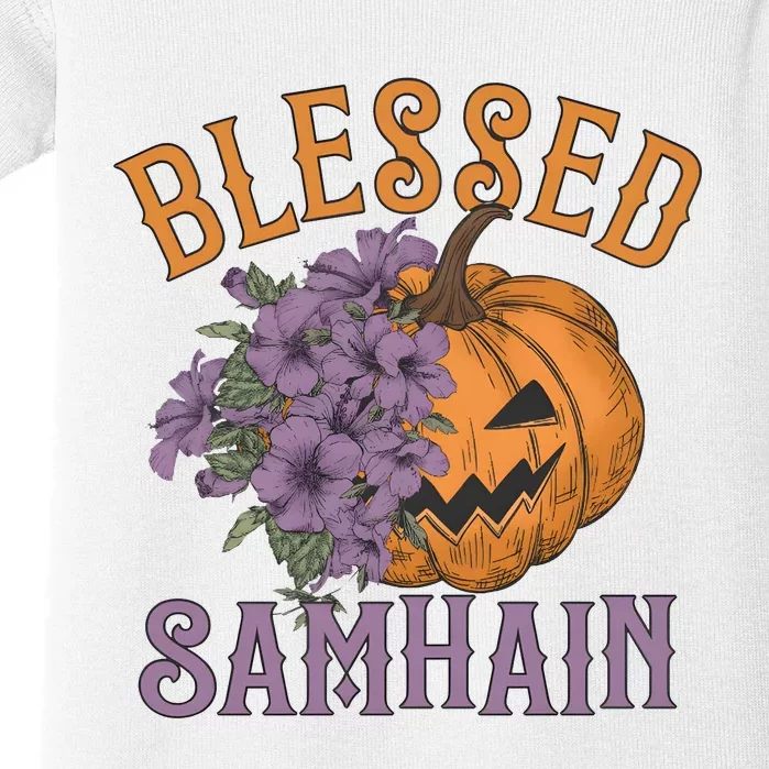 Blessed Samhain Flower Floral Halloween Pumpkin Head Baby Bodysuit