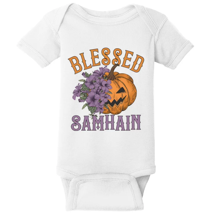 Blessed Samhain Flower Floral Halloween Pumpkin Head Baby Bodysuit