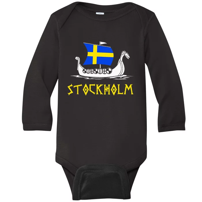 Boat Swedish Flag Sweden Viking Ship Stockholm Baby Long Sleeve Bodysuit