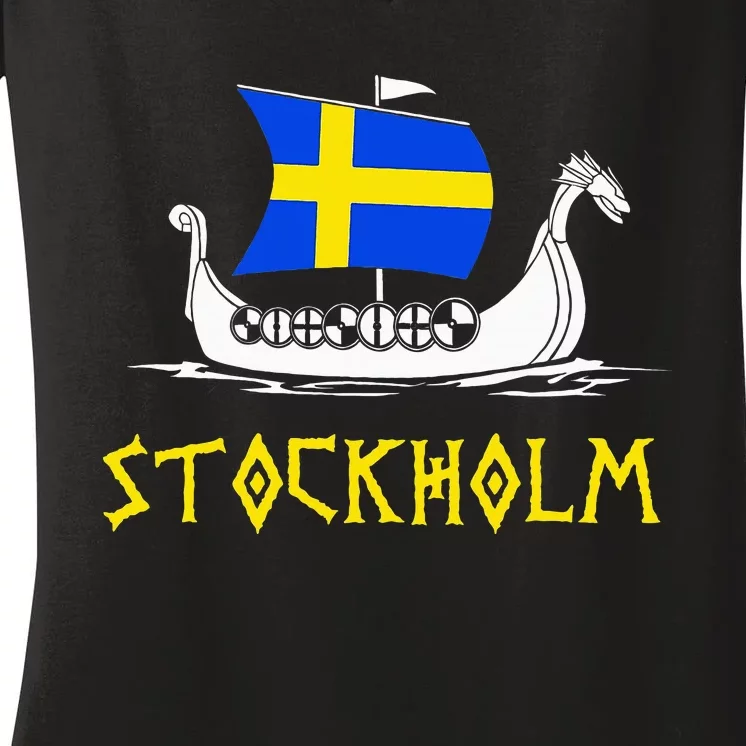 Boat Swedish Flag Sweden Viking Ship Stockholm Women's V-Neck T-Shirt