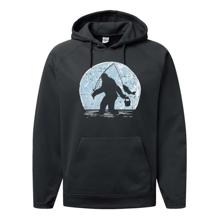 Bigfoot Sasquatch Fishing Moon Funny Fisherman Angler Gift Performance Fleece Hoodie