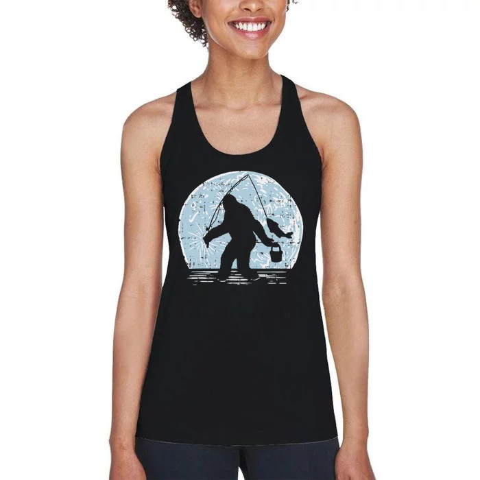 Bigfoot Sasquatch Fishing Moon Funny Fisherman Angler Gift Women's Racerback Tank