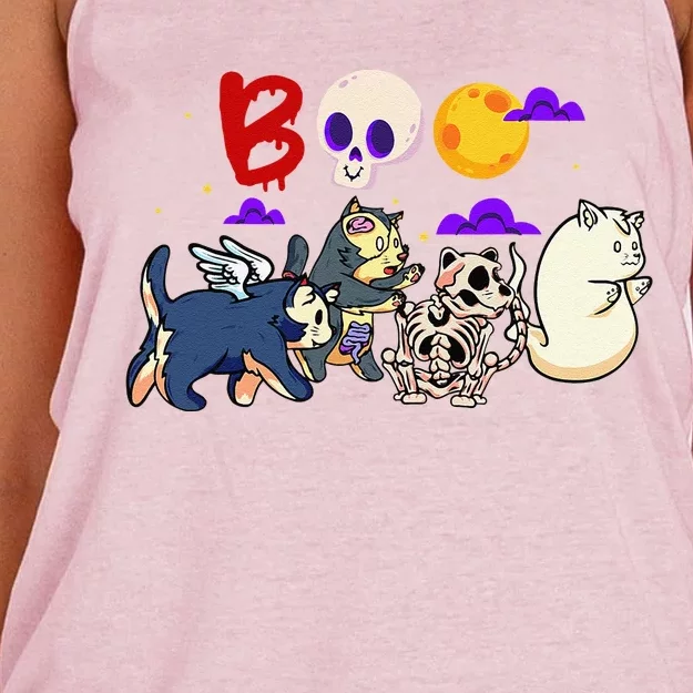 Boo! Spooky Funny Halloween Mummy Skeleton Cat Ghost Apparel Women's Knotted Racerback Tank