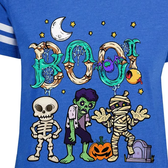 Boo! Spooky Funny Halloween Mummy Skeleton Pumpkin Apparel Enza Ladies Jersey Football T-Shirt