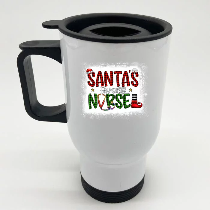 Bleached Santas Favorite Nurse Elf Plaid Xmas Scrub Top Gift Front & Back Stainless Steel Travel Mug