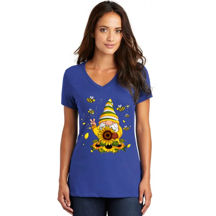 Bee Sunflower Gnome Hippie Peace Sign Gardening Gnomies Meaningful Gift Women's V-Neck T-Shirt