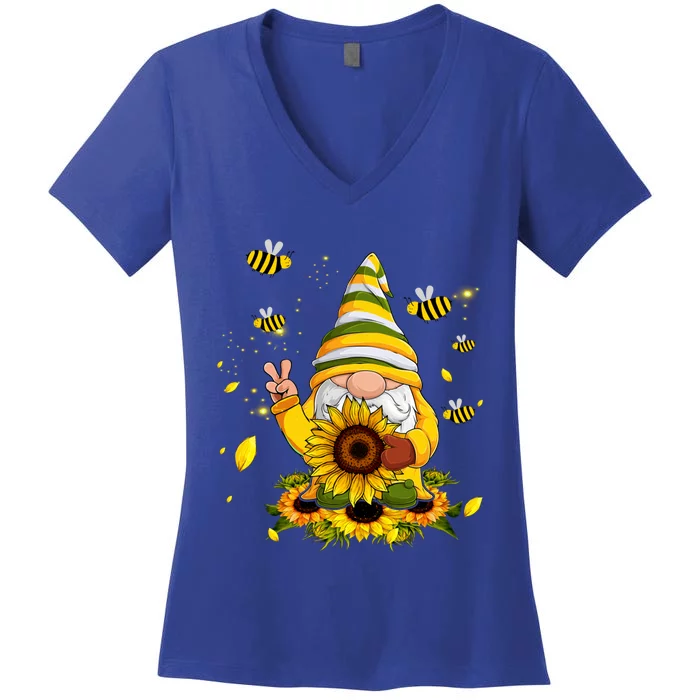 Bee Sunflower Gnome Hippie Peace Sign Gardening Gnomies Meaningful Gift Women's V-Neck T-Shirt