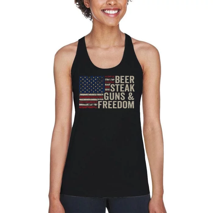 Beer Steak Guns & Freedom 4th July Usa Flag Bbq Drinking Women's Racerback Tank