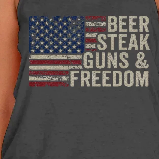 Beer Steak Guns & Freedom 4th July Usa Flag Bbq Drinking Women's Knotted Racerback Tank