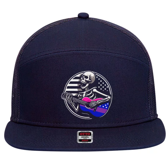 Bisexual Skeleton Guitar Lgbtq Pride Bisexuality Flag 7 Panel Mesh Trucker Snapback Hat