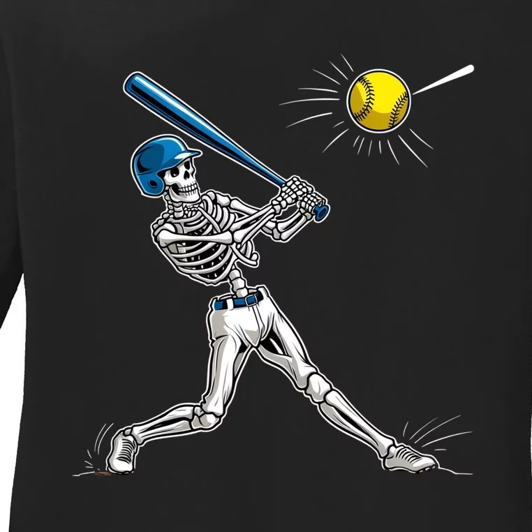 Baseball Skeleton Halloween Spooky Baseball Halloween Design Ladies Long Sleeve Shirt