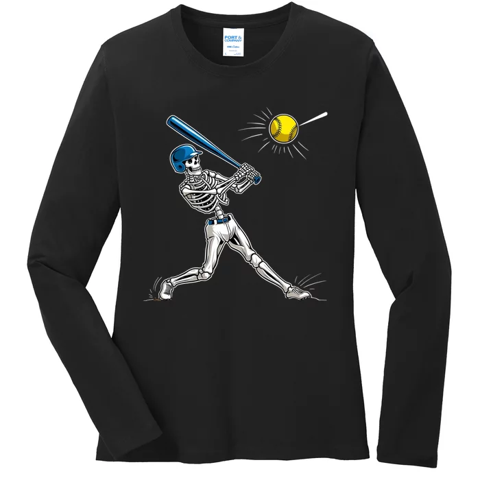 Baseball Skeleton Halloween Spooky Baseball Halloween Design Ladies Long Sleeve Shirt