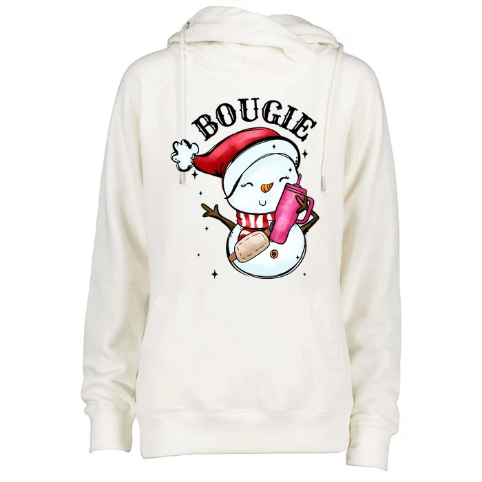 Bougie Snowman Holding A Tumbler Womens Funnel Neck Pullover Hood