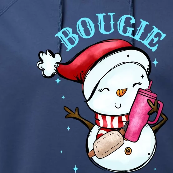 Bougie Snowman Holding A Tumbler Performance Fleece Hoodie