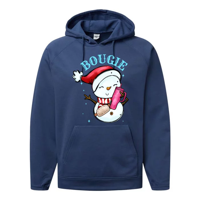 Bougie Snowman Holding A Tumbler Performance Fleece Hoodie