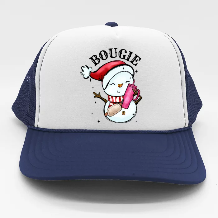 Bougie Snowman Holding A Tumbler Trucker Hat