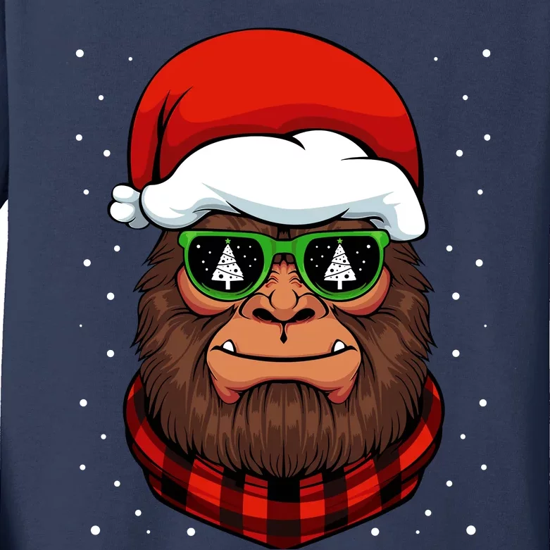 Bigfoot Santa Hat Christmas Pajama Cool Winter Xmas Tree Kids Long Sleeve Shirt