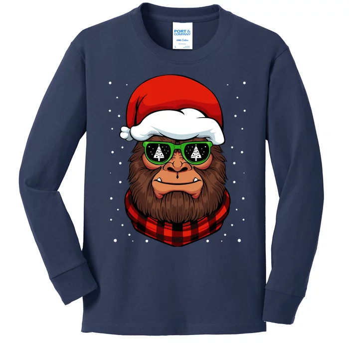 Bigfoot Santa Hat Christmas Pajama Cool Winter Xmas Tree Kids Long Sleeve Shirt